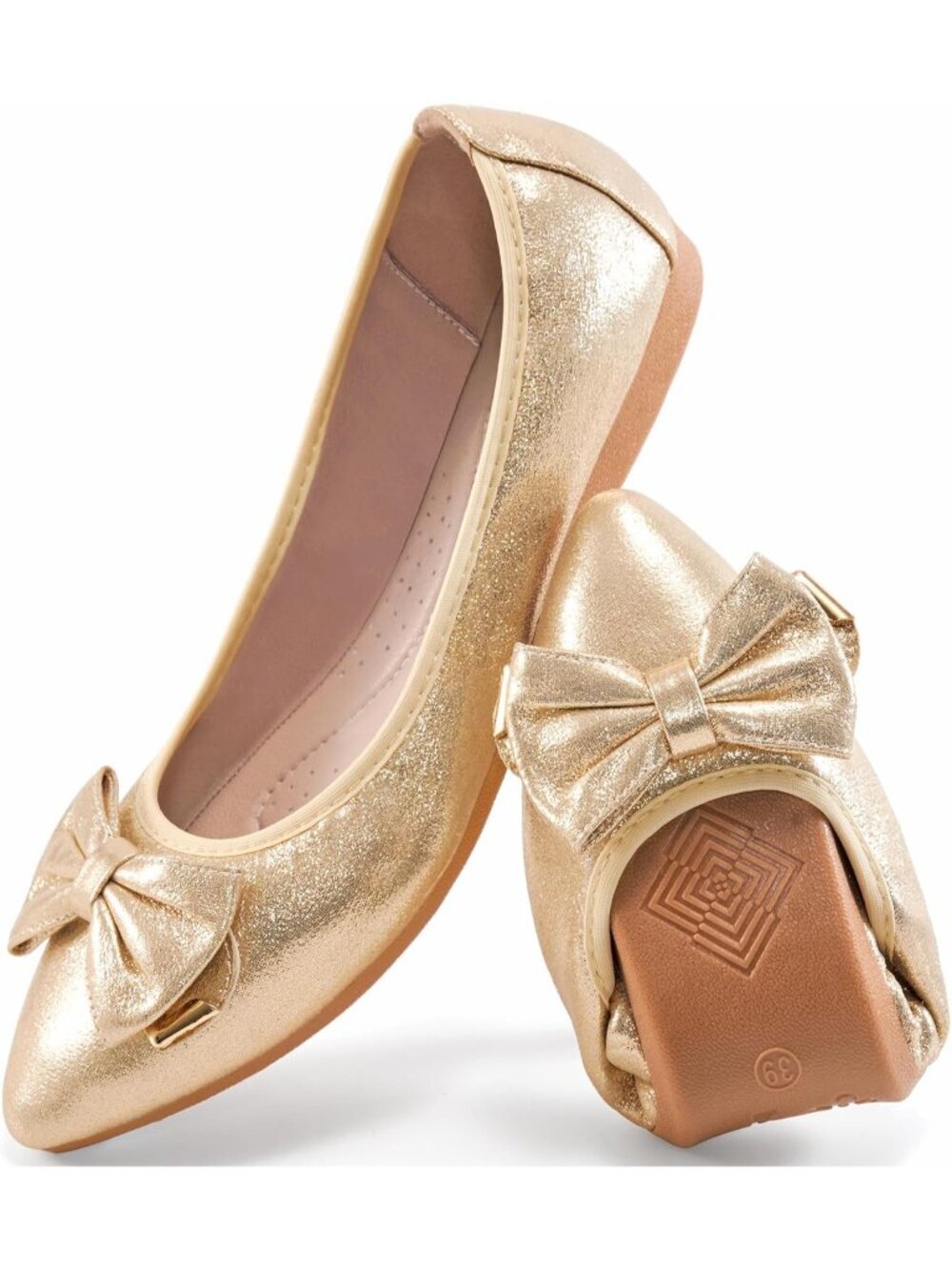 Women's Gold Ballet Flat Fordable Slip On Shoes Bow Knot Pointed Toe Loafers - Picture 1 of 6
